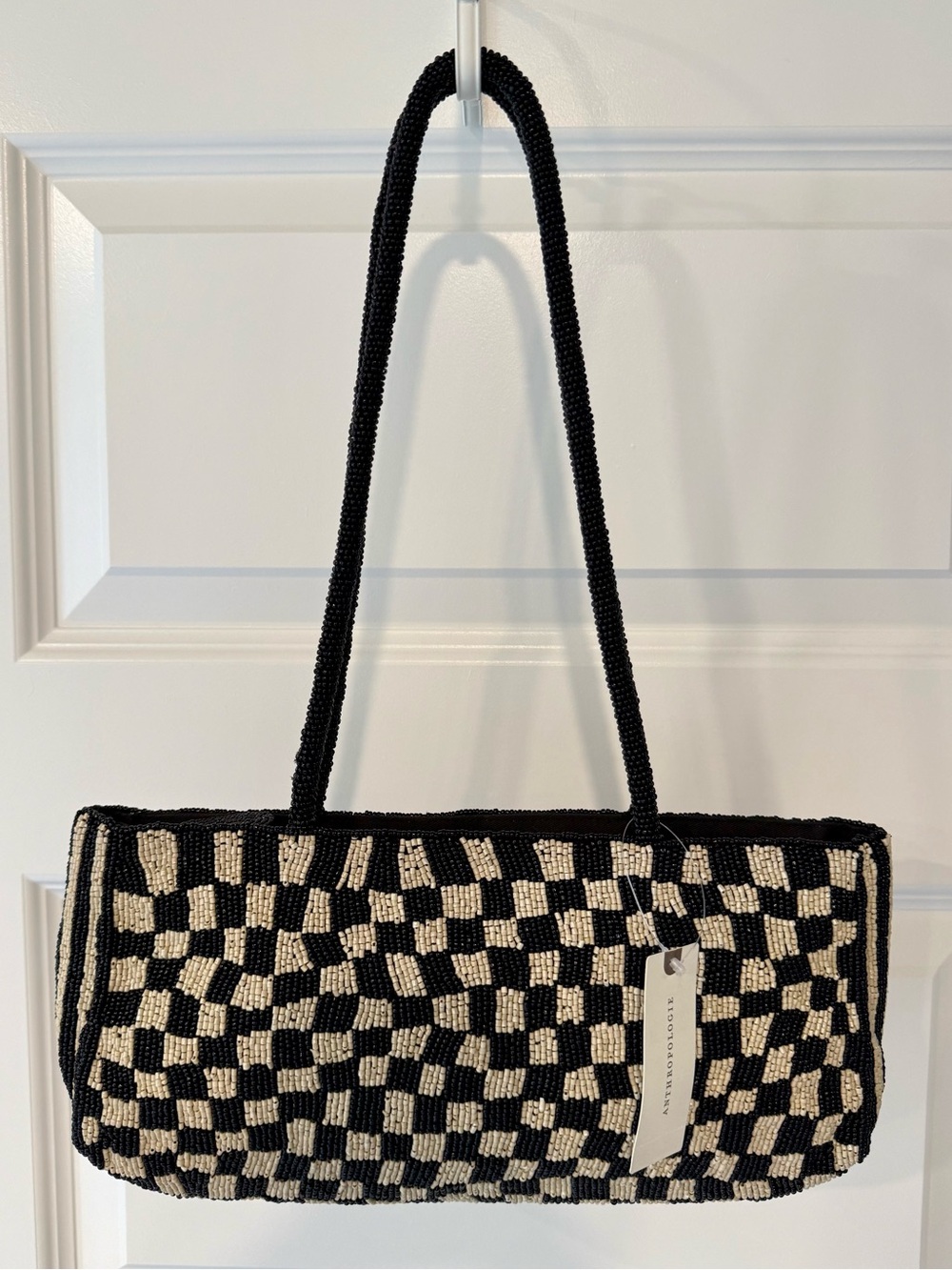 Anthropologie Black Ivory Beaded Checkered Shoulder Bag NWT